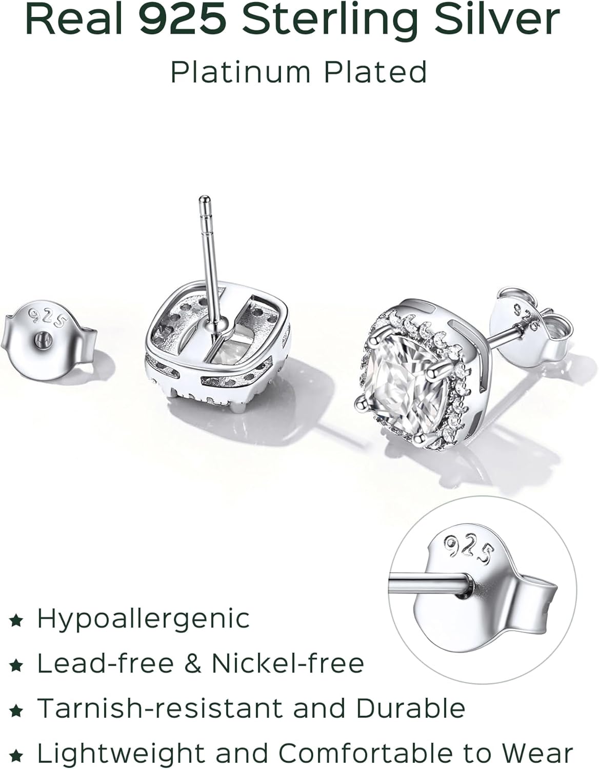 Sterling Silver Square Sparkle Halo Birthstone Gemstone & Cubic Zirconia Stud Earrings 