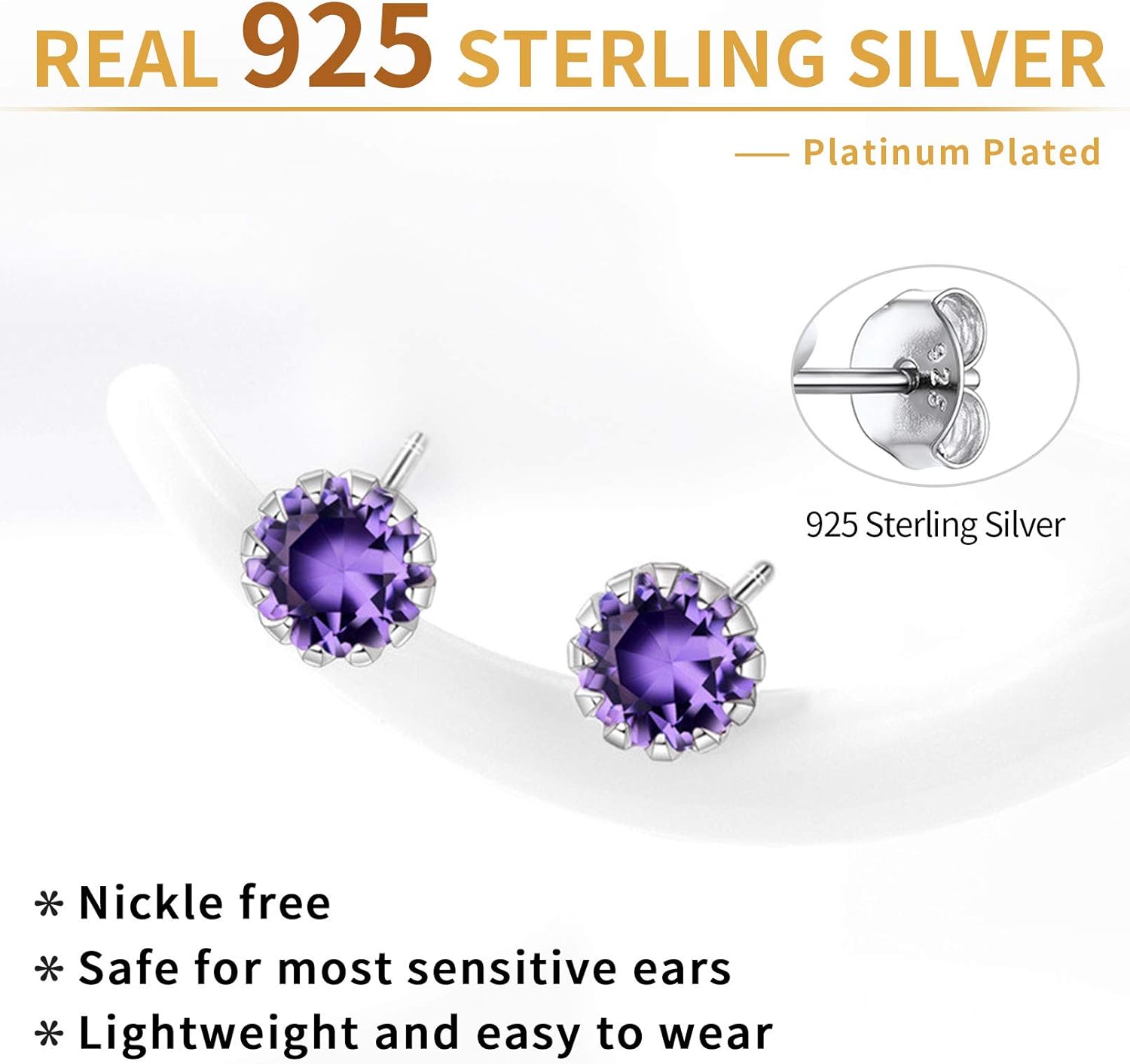 Round Cut Birthstone Stud Earrings for Ladies,  jan birthstone, February birthstone, Amethyst Jewelry, Pisces Birthstone, Aquarius Birthstone, silver earrings, gift idea