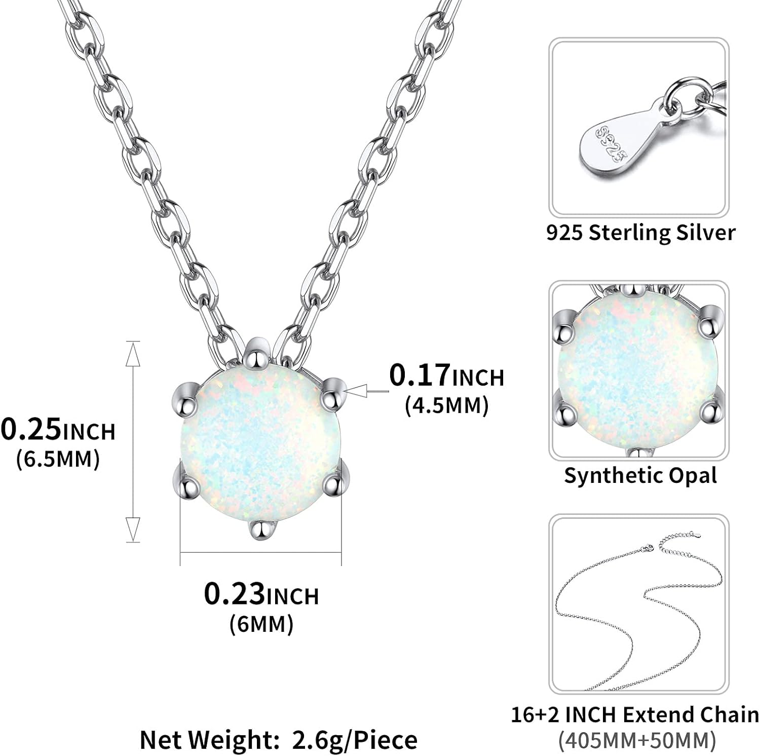 Round Cut Created Opal Gemstone Solitaire Pendant Necklace