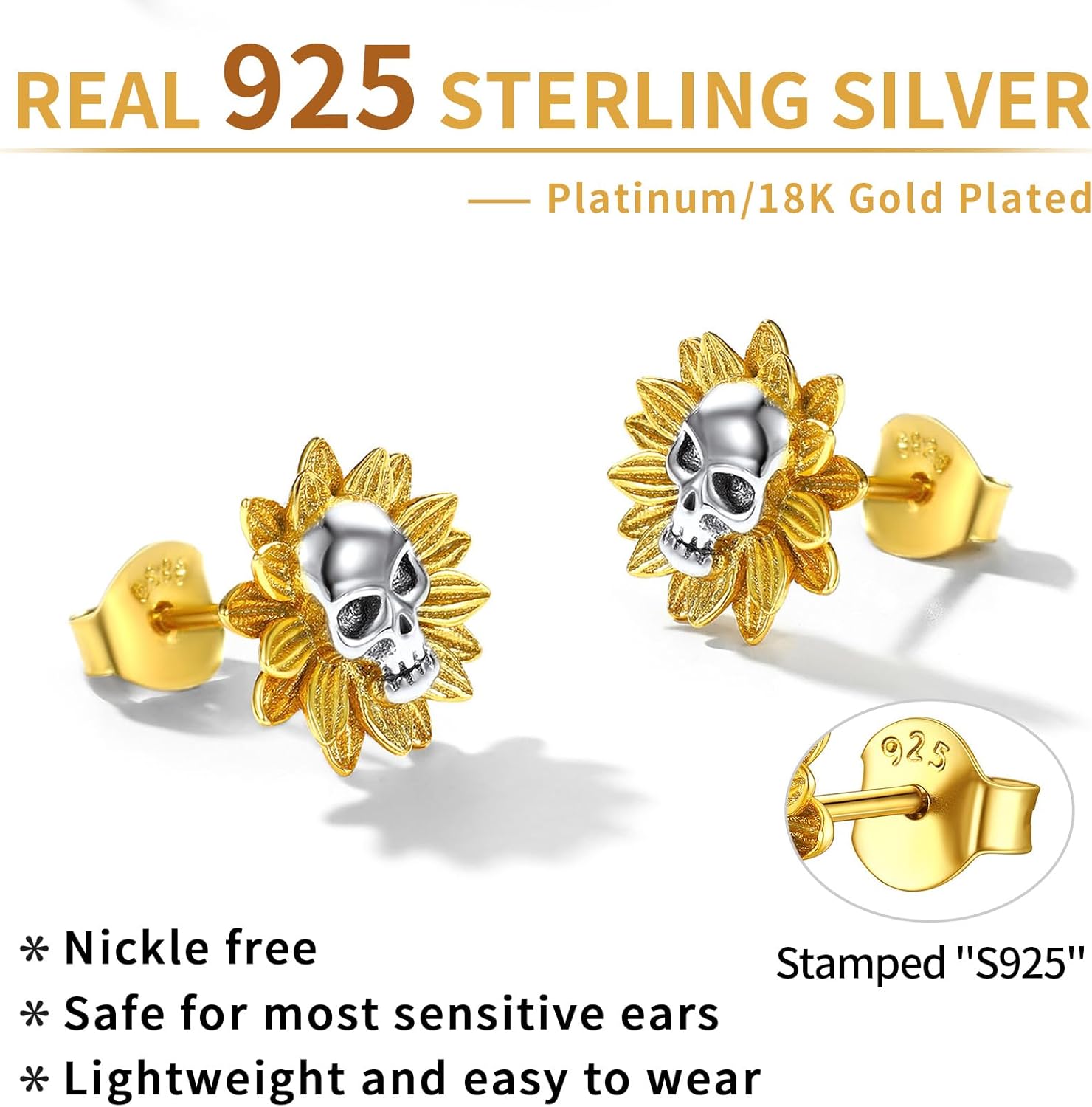 Sterling Silver Sunflower Skull Studs