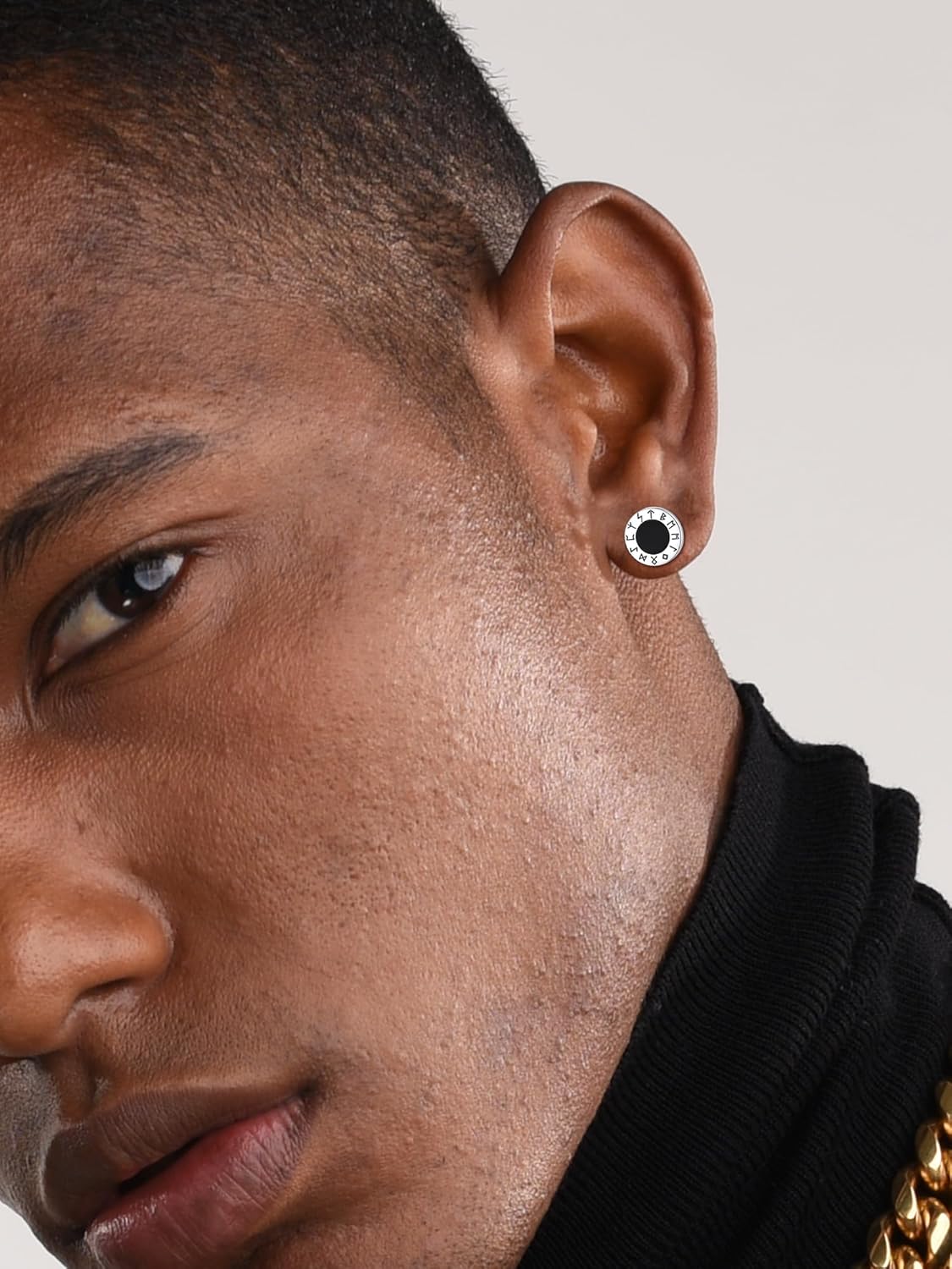 Viking Front Rune Outer Ring Black Onyx Stud Earrings for Men