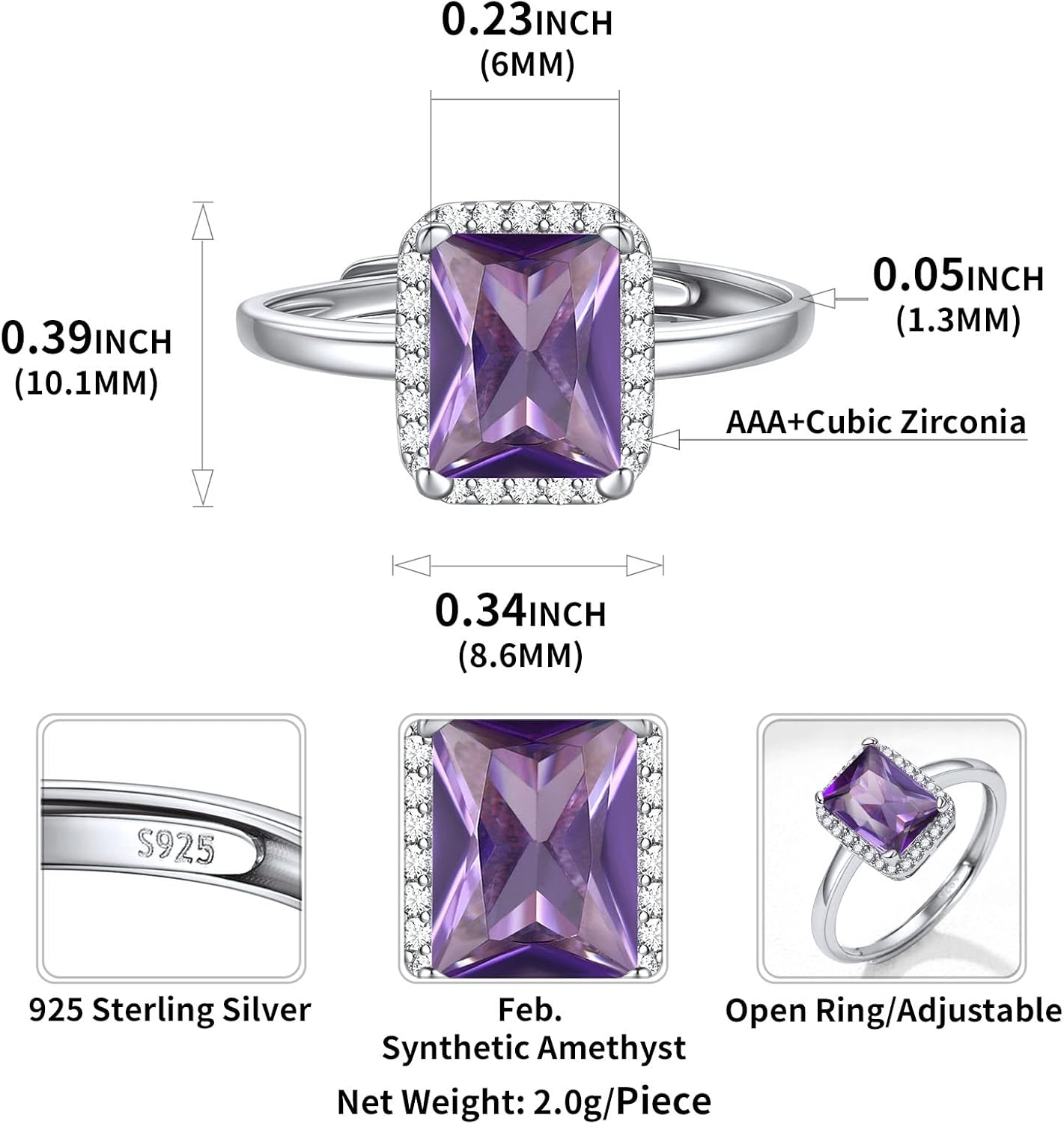 Square Emerald Cut Birthstone Promise Ring Details: Dimensions, Hypoallergenic, Adjustable size for 6~11
