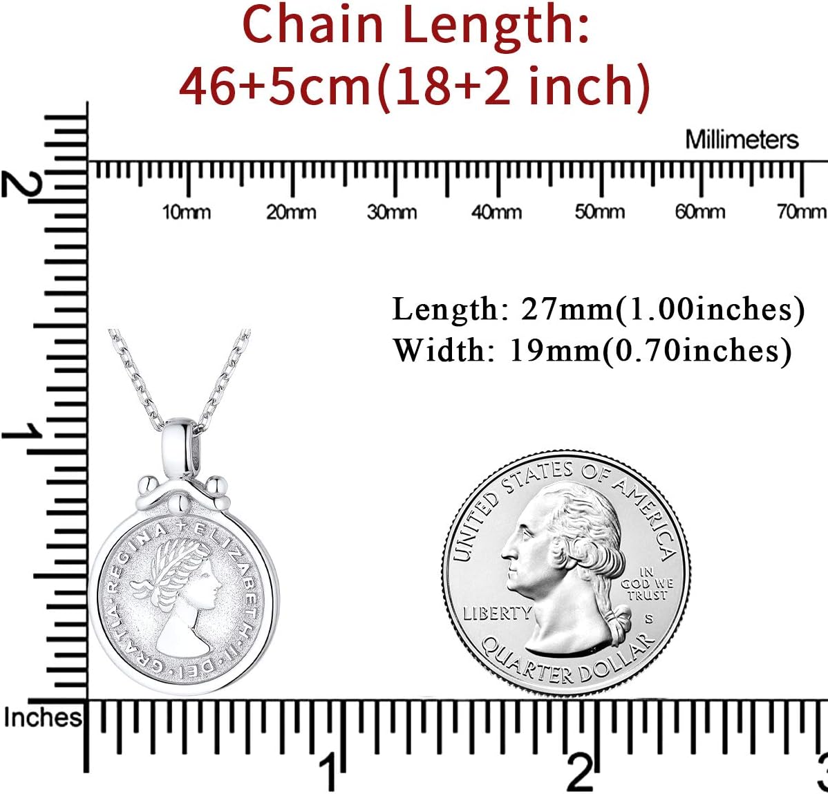 Elizabeth British Lucky Sixpence Coin Vintage Round Medallion Necklace Details: Dimensions, Hypoallergenic, Lobster-Claw-Clasps