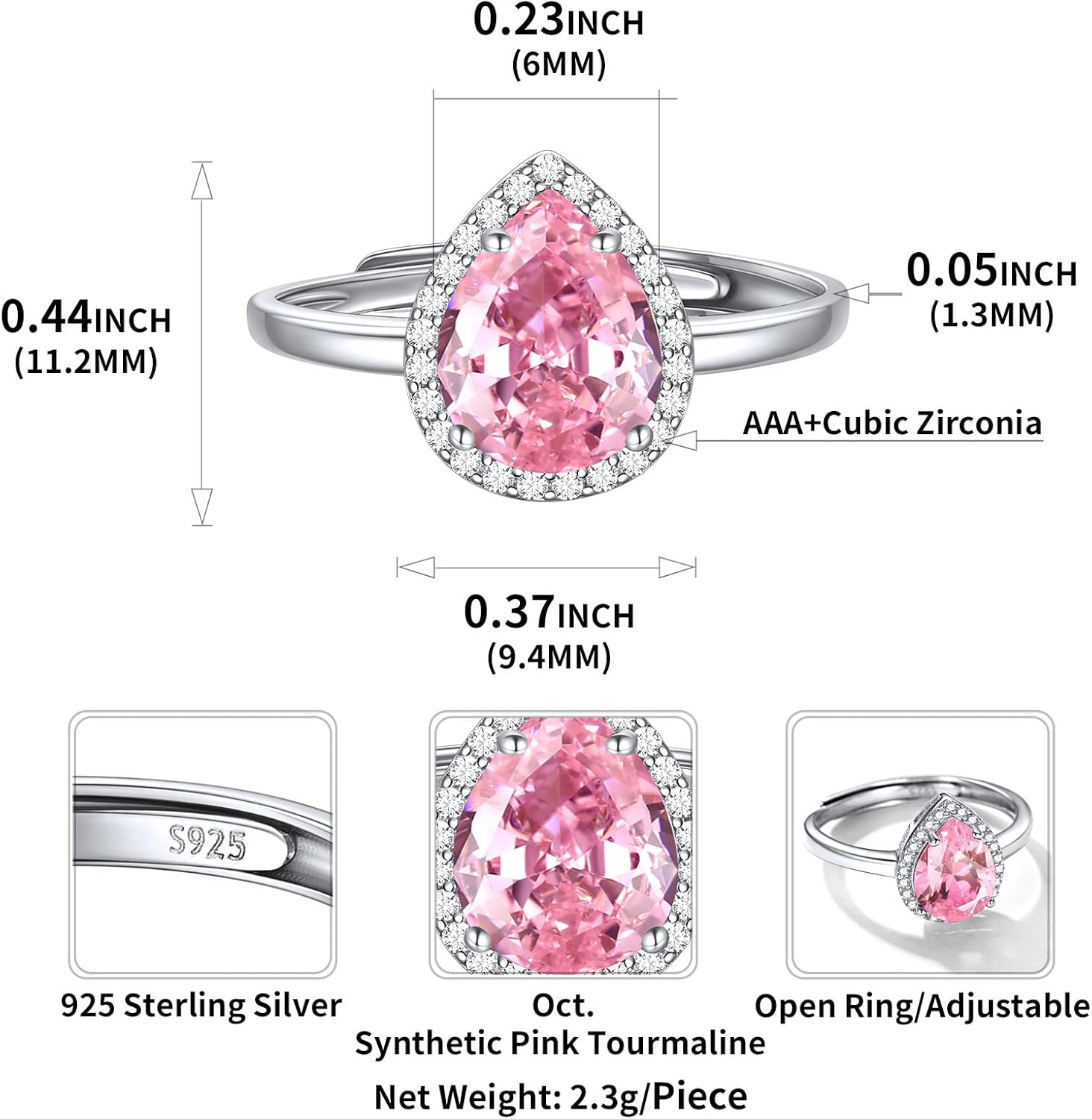 Pear Cut Teardrop Birthstone Promise Ring Details: Dimensions, Hypoallergenic, Adjustable size for 6~11