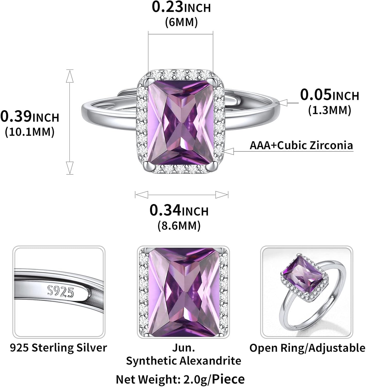 Square Emerald Cut Birthstone Promise Ring Details: Dimensions, Hypoallergenic, Adjustable size for 6~11