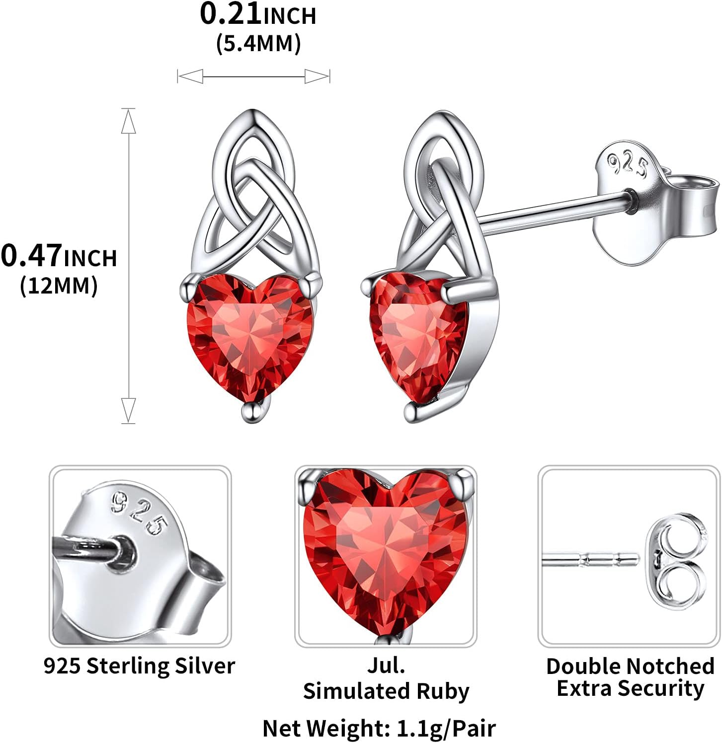 Brilliant Heart Cut Birthstone & Celtic Knot Stud Earrings