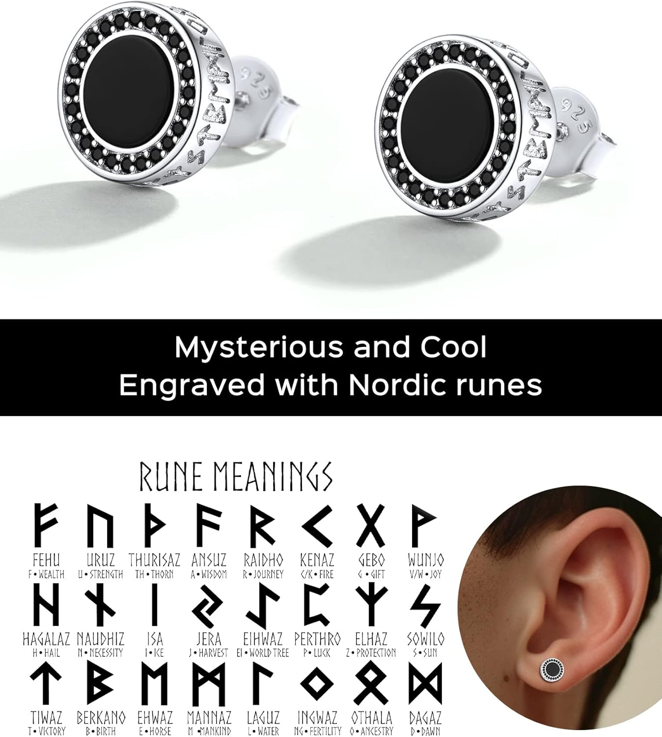 Black Onyx Viking Rune with Small Black Cubic Zirconia Stud Earrings in Different Style