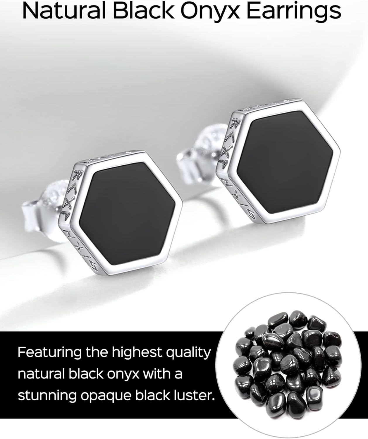 Sterling Silver Natural Black Onyx Viking Rune Small Hexagon Studs Earrings