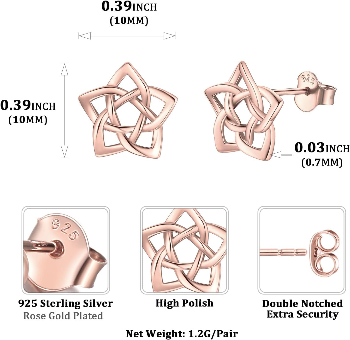 Irish Celtic Eternity Flower Love Knot Pentagram Stud Earrings Details: Dimensions, Hypoallergenic, Push Back Finding/