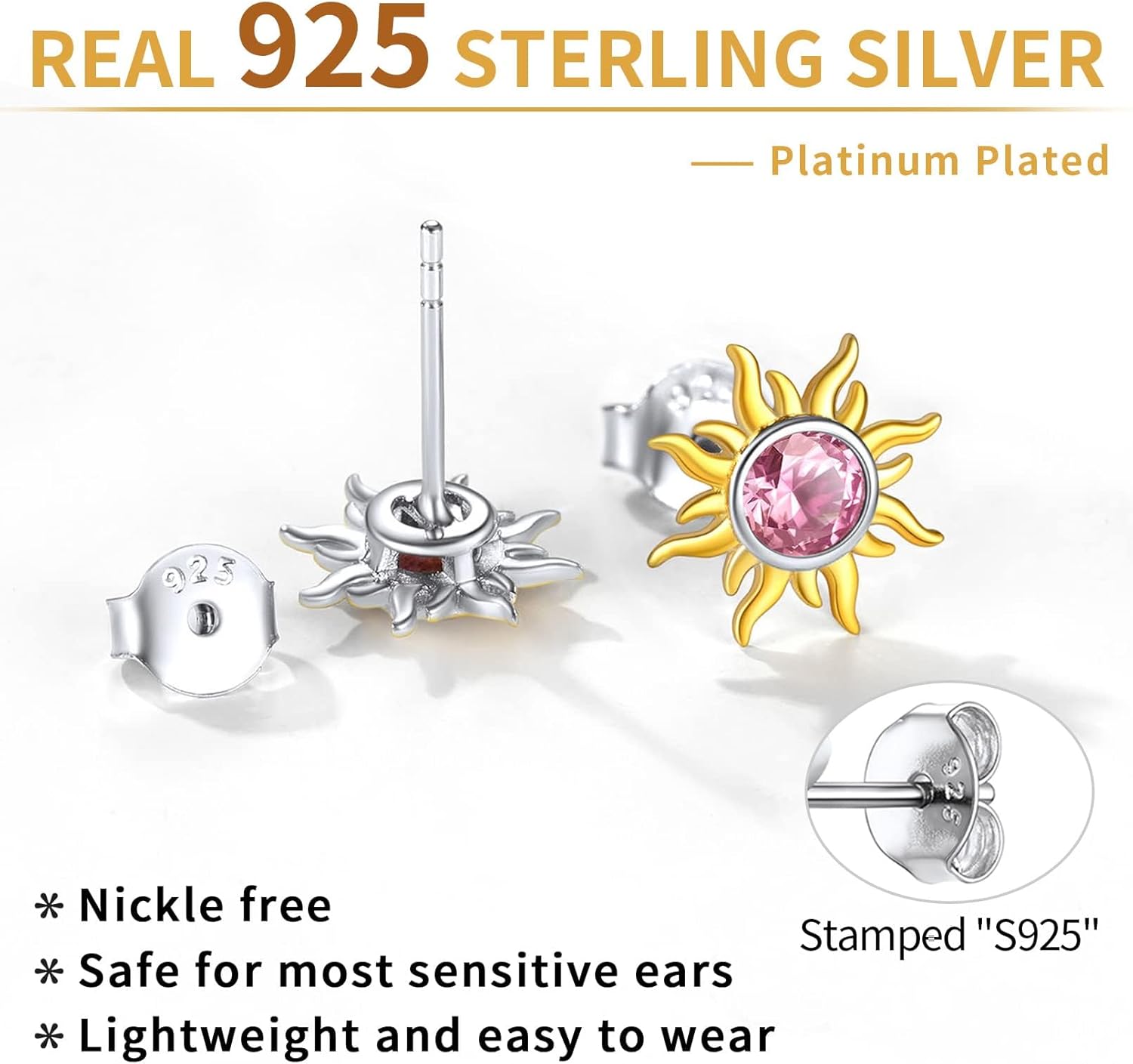 Hypoallergenic Sun Birthstone Earrings for Women, october birthstone, Pink Tourmaline Jewelry, Libra Birthstone, Scorpio Birthstone, sterling silver Jewelry, gift idea