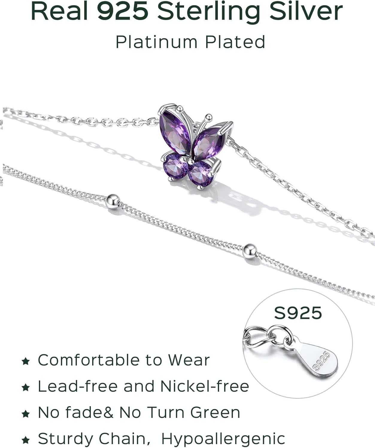 Sterling Silver Adjustable Layered Butterfly Birthstone Anklet