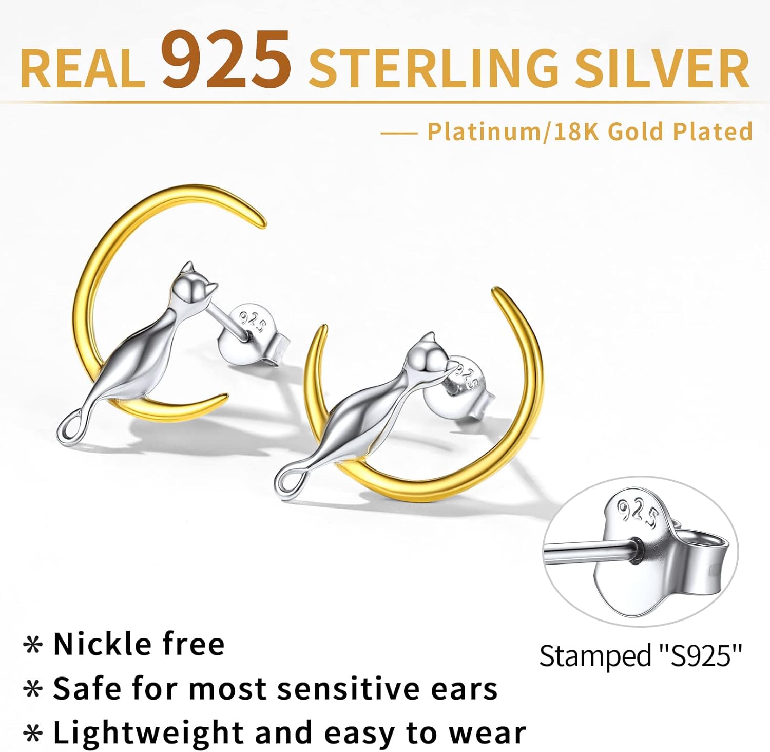 Sterling Silver Lovely Cat and Moon Stud Earrings