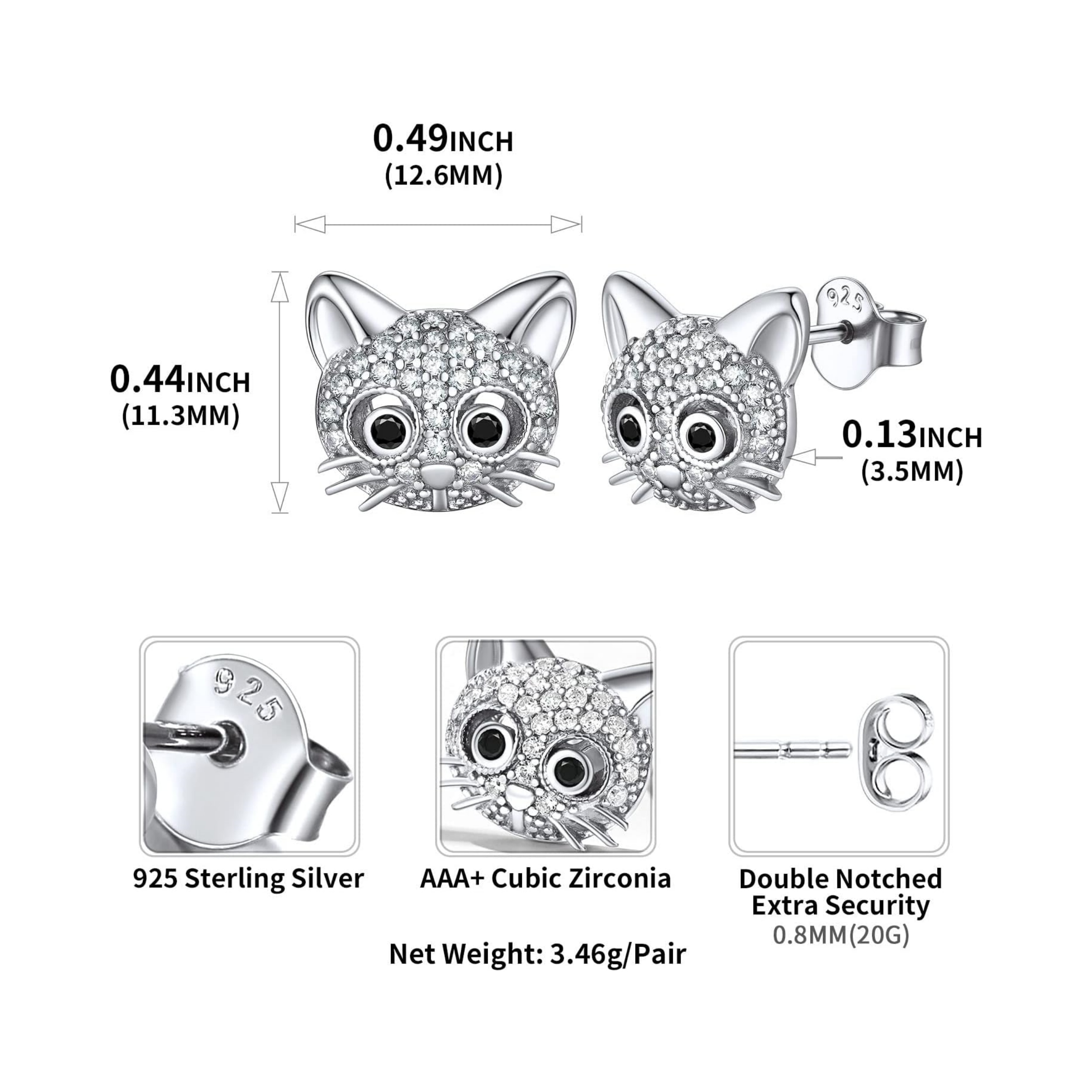 Cute Cubic Zirconia Pave Cat Stud Earrings Details: Dimensions, Hypoallergenic, Push Back Finding