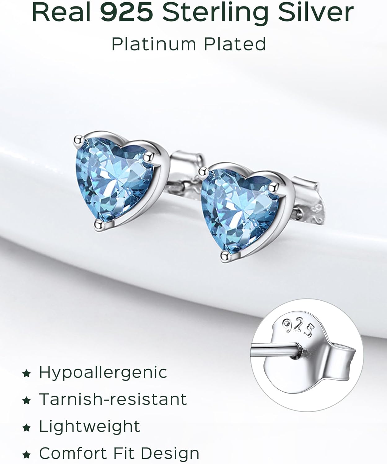 Sparkling Heart Cut Crystal March Aquamarine Birthstone Stud Earrings
