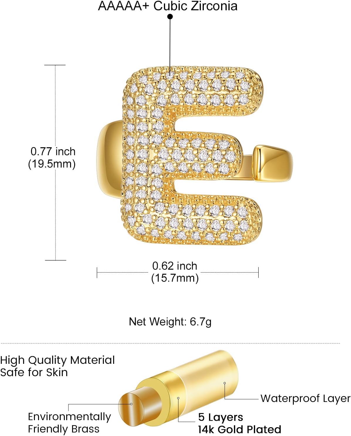 14k Chunky Gold Initial Statement Rings Details: Dimensions, Hypoallergenic, Adjustable size for 6~11