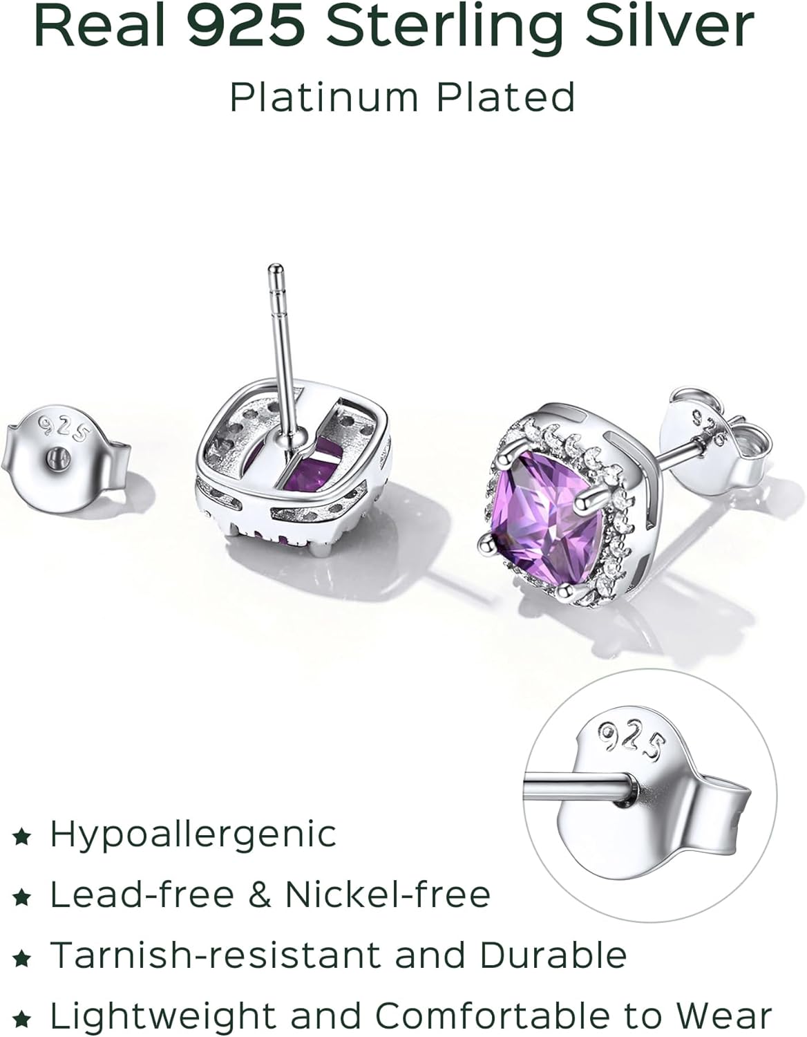 Sterling Silver Square Sparkle Halo Birthstone Gemstone & Cubic Zirconia Stud Earrings 