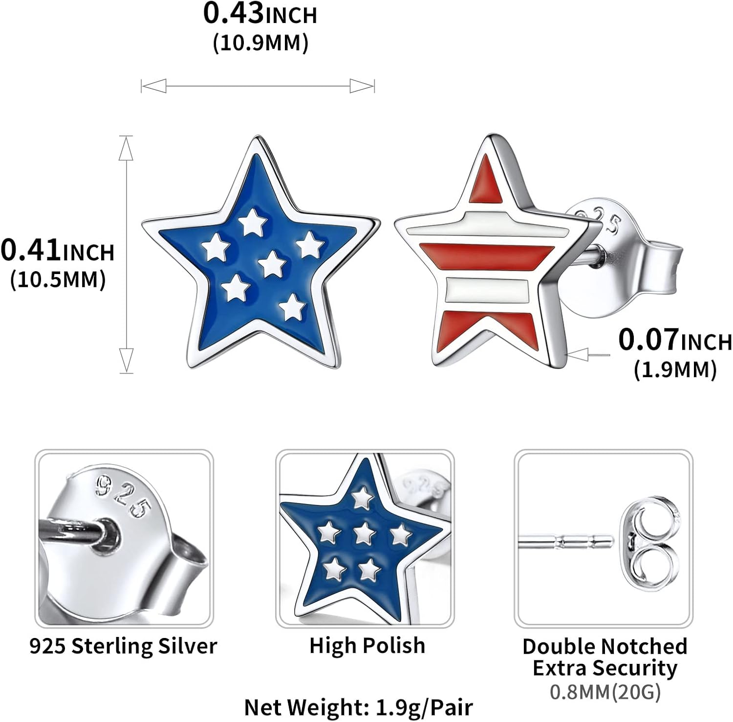 Independence Day Star Stud Earrings Details: Dimensions, Hypoallergenic, Push Back Finding
