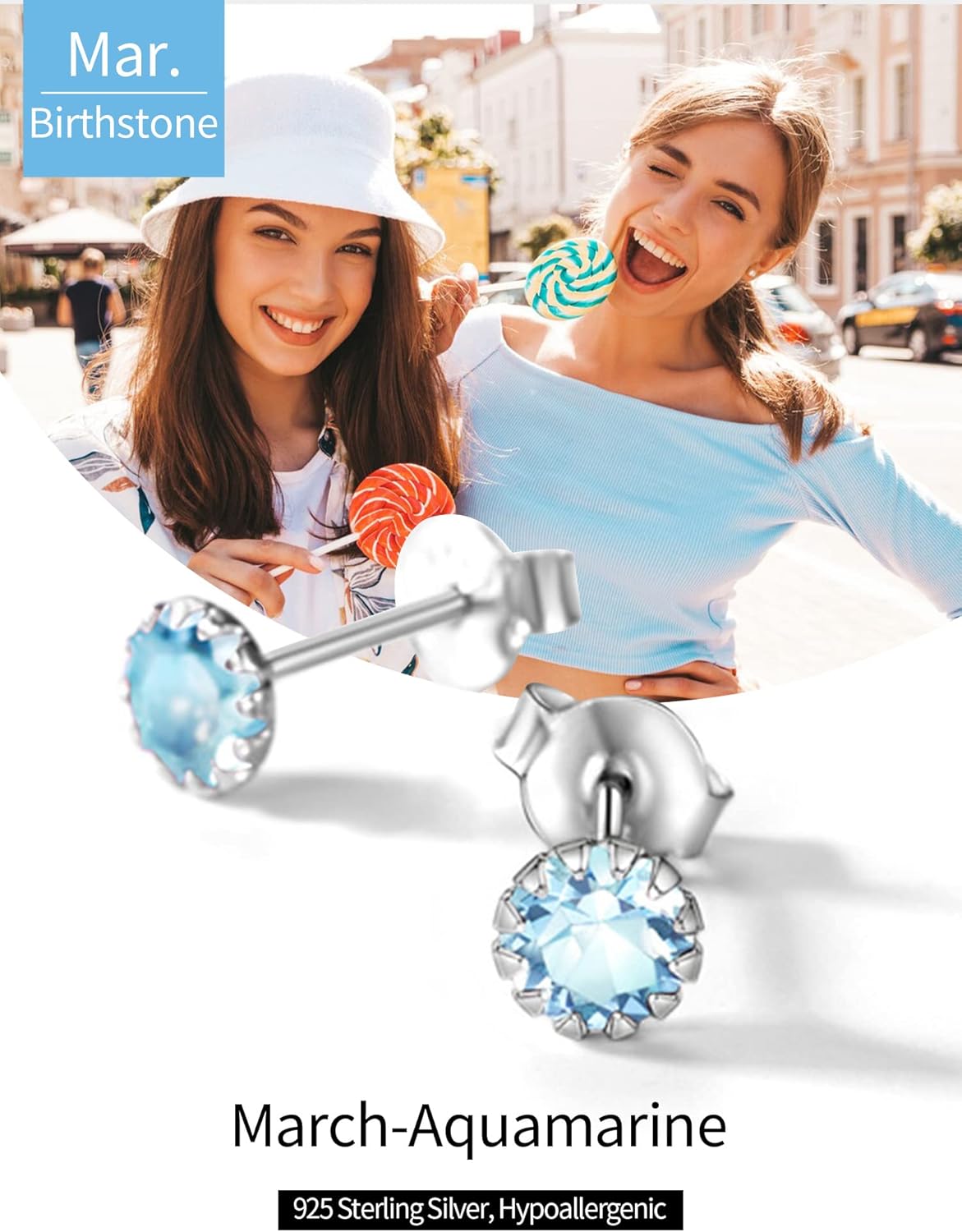 Round March Birthstone Gemstone Aquamarine & Cubic Zirconia Stud Earrings for Women, aquamarine jewelry, women's jewelry, sterling silver earrings, march birthstone, Pisces Birthstone, Aries Birthstone, gift idea