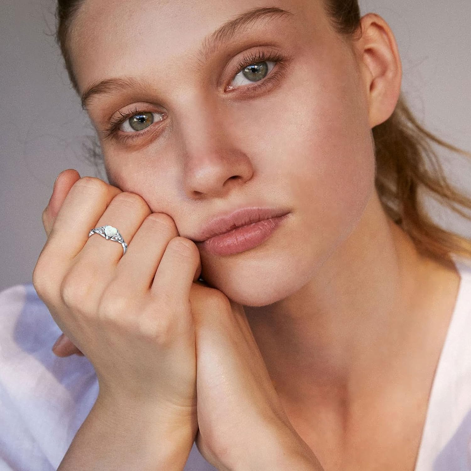 White Opal Celtic Knot Claddagh Heart Shape Birthstone Promise Ring for Women