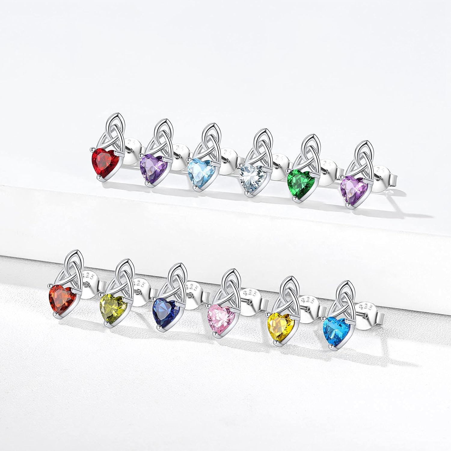 Brilliant Heart Cut Birthstone & Celtic Knot Stud Earrings