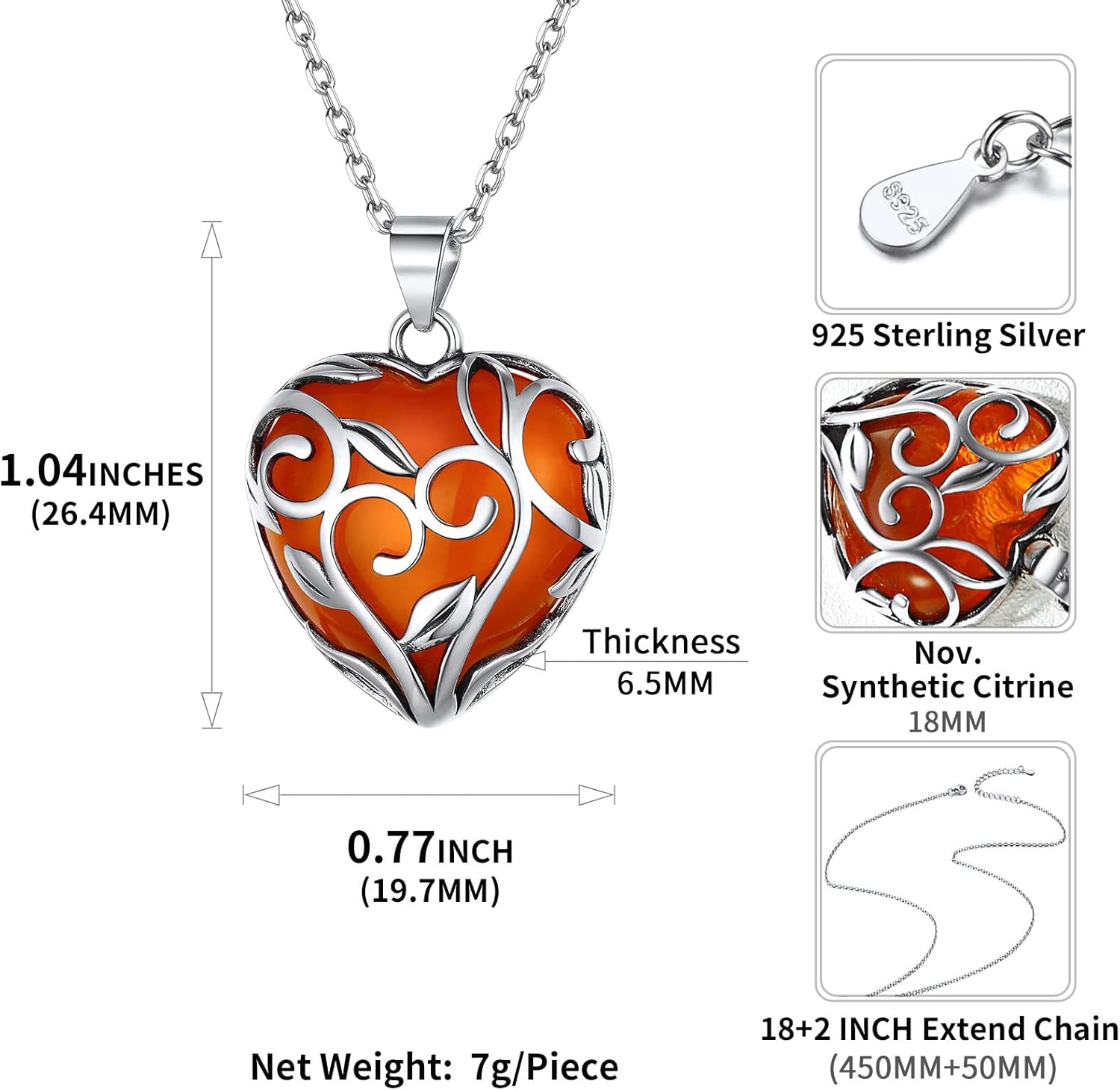 Celtic Knot Heart Birthstones Necklace Details: Dimensions, Hypoallergenic, Lobster-Claw-Clasps
