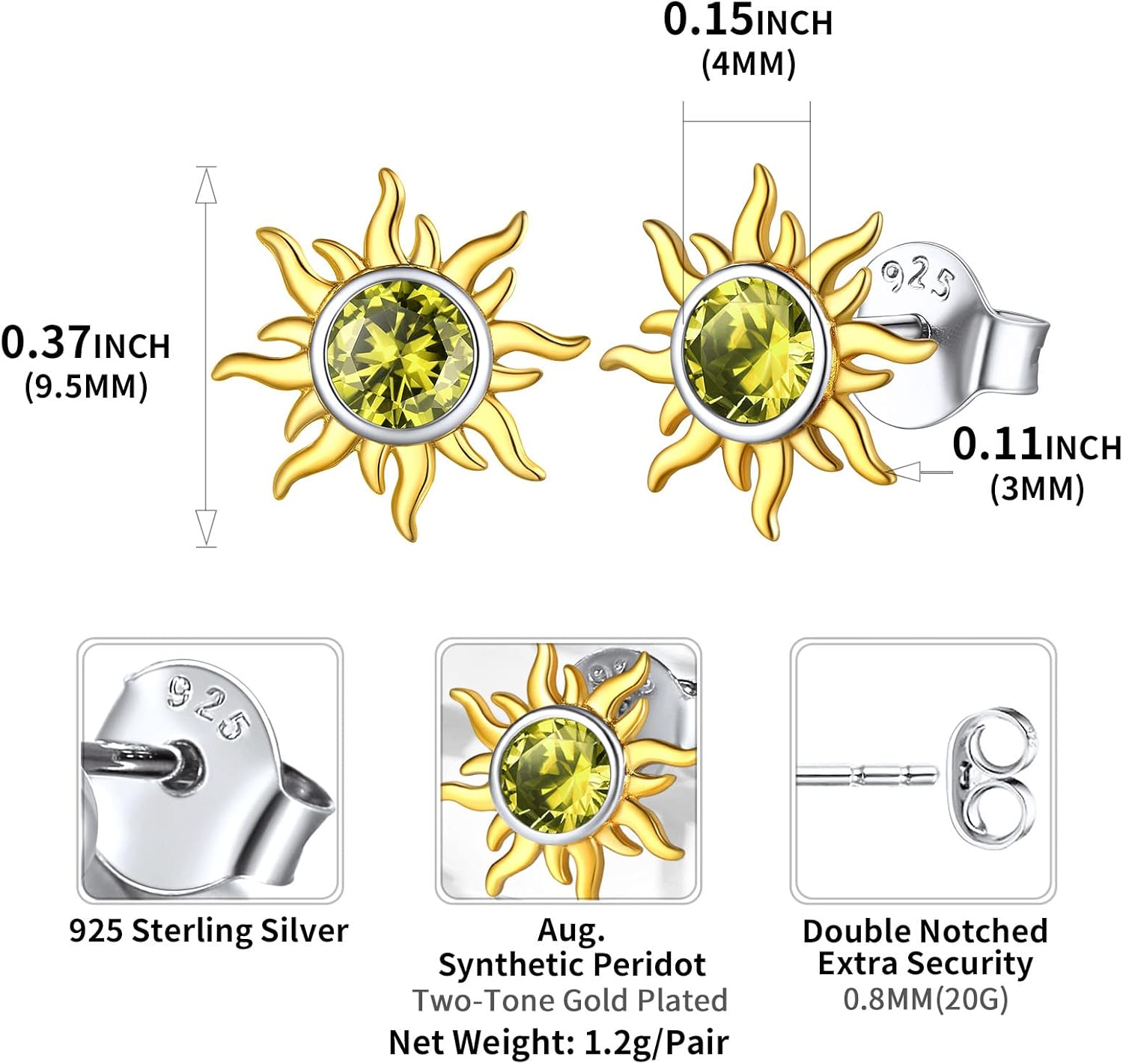 Hypoallergenic Sun Birthstone Earrings for Women, august birthstone, Peridot Earrings, Leo Birthstone, Virgo Birthstone, sterling silver jewelry, gift idea