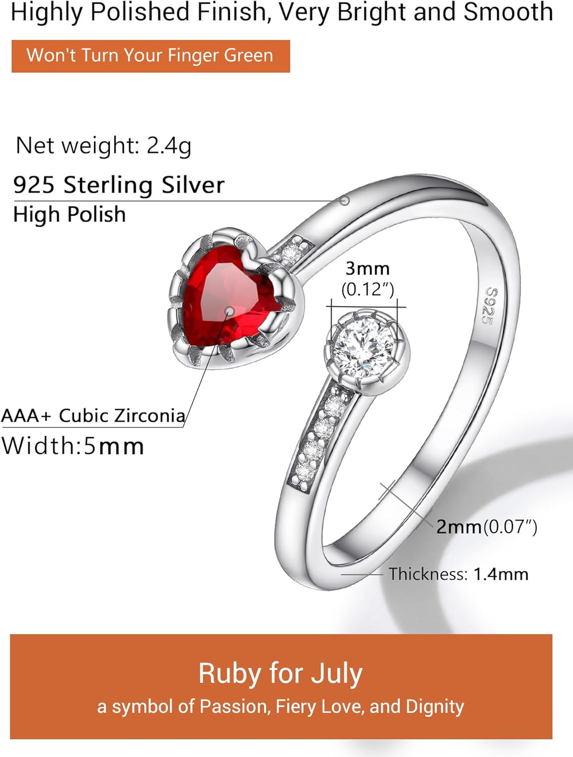 Heart Birthstone and White Cubic Zirconia Adjustable Ring Details: Dimensions, Hypoallergenic, Adjustable size for 6~11