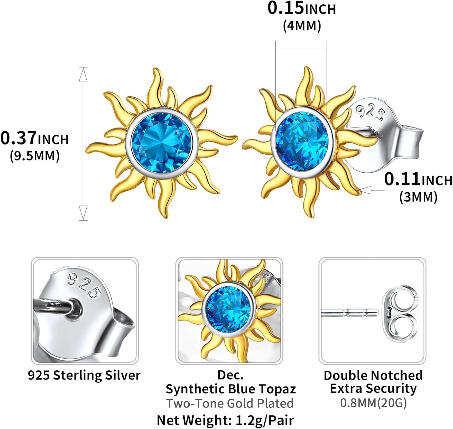 Hypoallergenic Sun Birthstone Earrings for Women, december birthstone, Blue Topaz Jewelry, Sagittarius Birthstone,  topaz birthstone, Capricorn Birthstone, christmas gift, gift idea