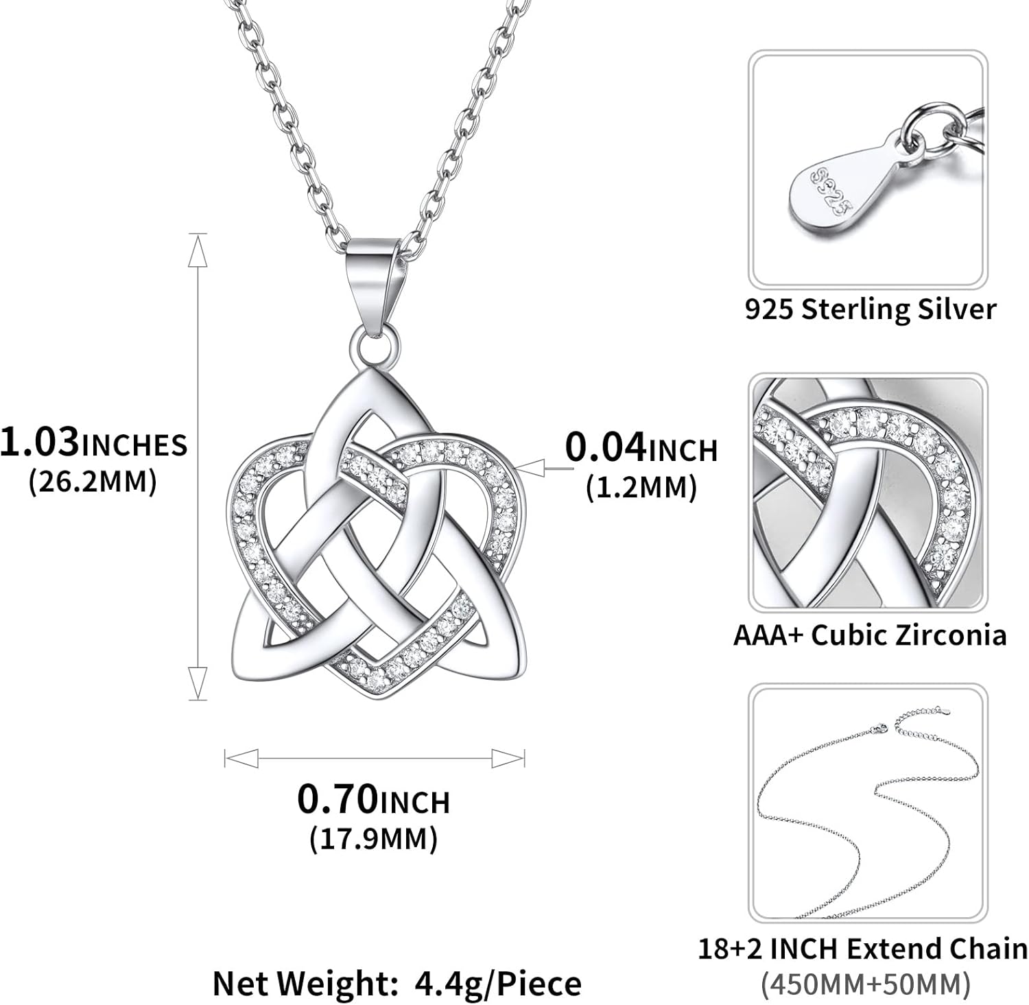 Celtic Knot Cubic Zirconia Heart Pendant Necklace Details: Dimensions, Hypoallergenic, Lobster-Claw-Clasps