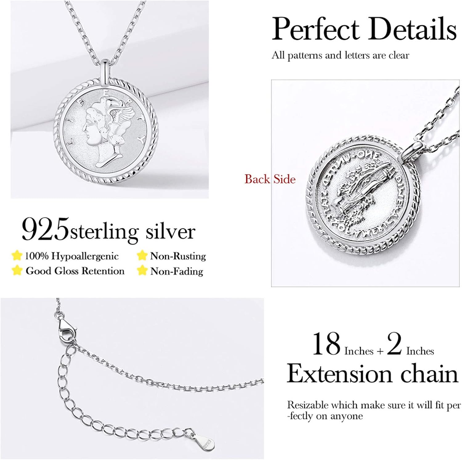 Sterling Silver Mercury Dime Vintage American Coin Round Medallion Pendant Necklace