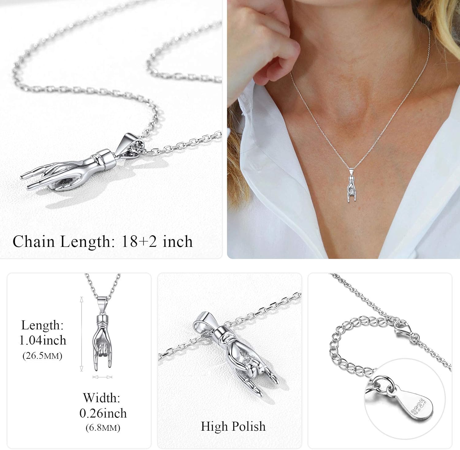 Italian Hand Mano Cornuto Good Luck Sign Pendant Necklace for Men & Women, Details: Dimensions, Hypoallergenic, Lobster-Claw-Clasps