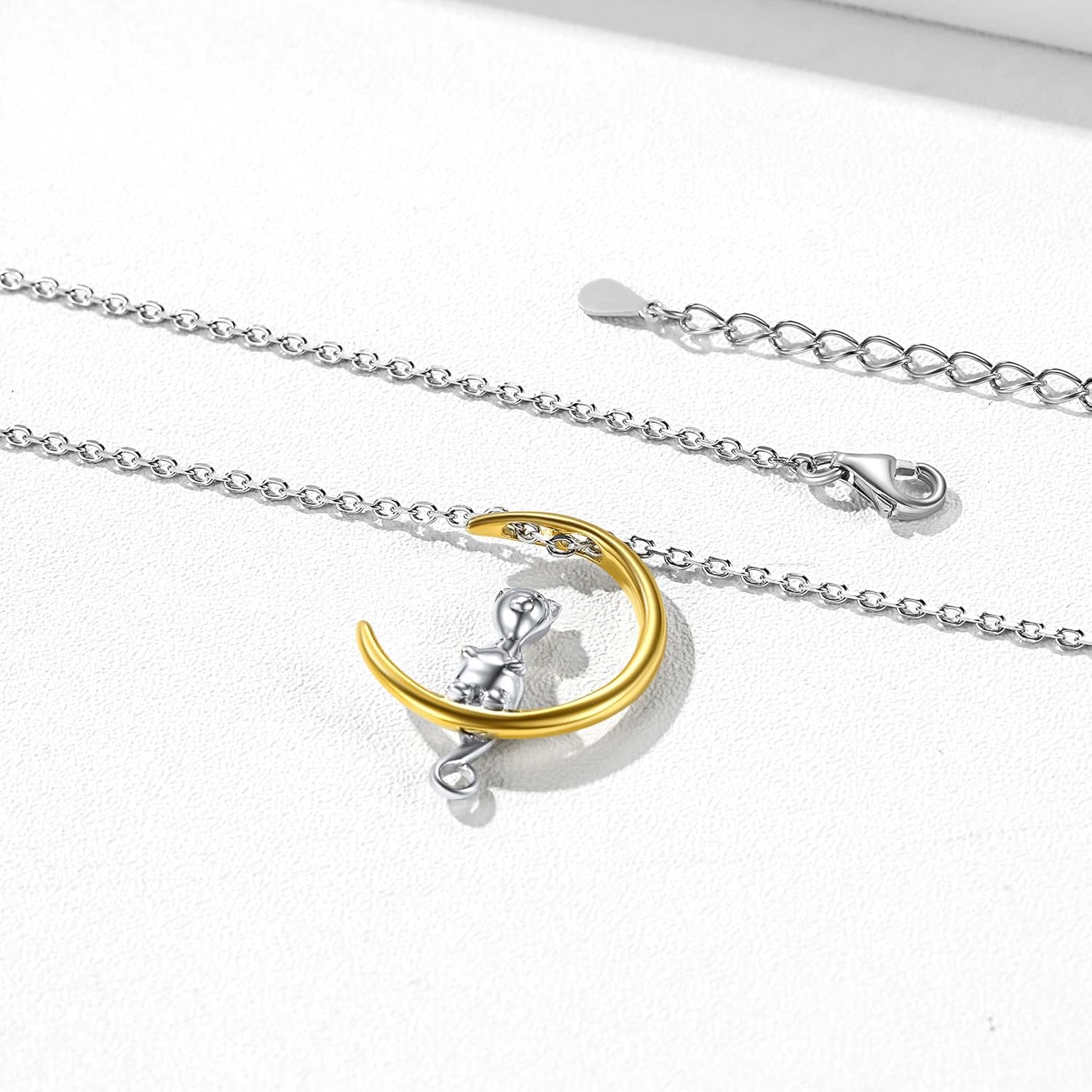 Sterling Silver Two Tone Crescent Moon Cat Pendant Necklace