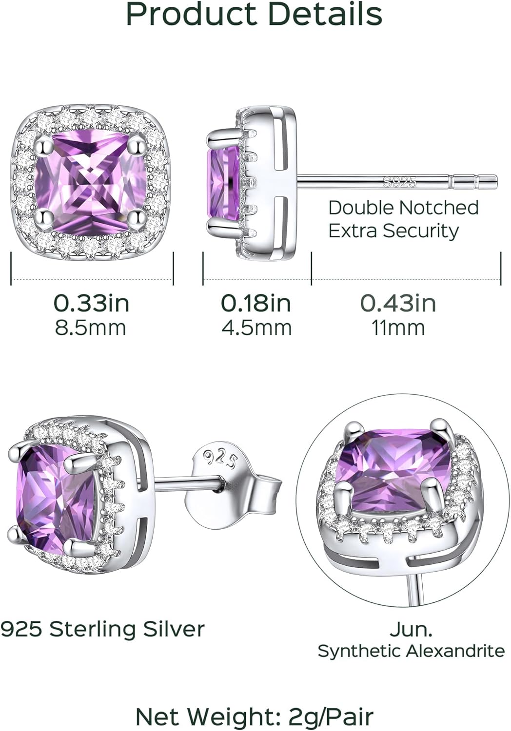 Square Sparkle Halo Birthstone Gemstone & Cubic Zirconia Stud Earrings Details: Dimensions, Hypoallergenic, Push Back Finding