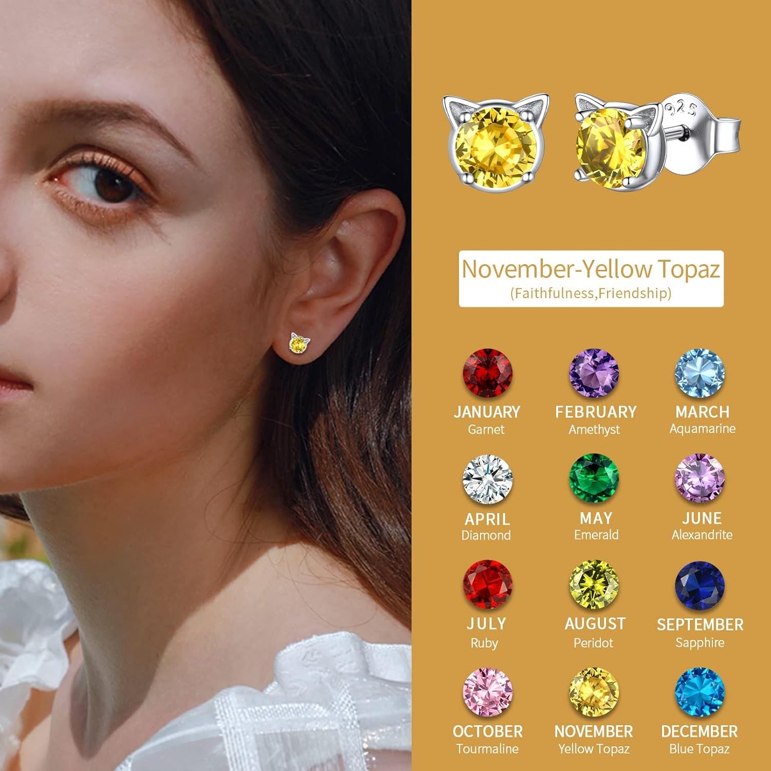 Cute Cat Diamond Birthstone Stud Earrings for women, November birthstone, Citrine Jewelry, Scorpio Birthstone, Sagittarius Birthstone, sterling silver jewelry, memorial gift, gift idea