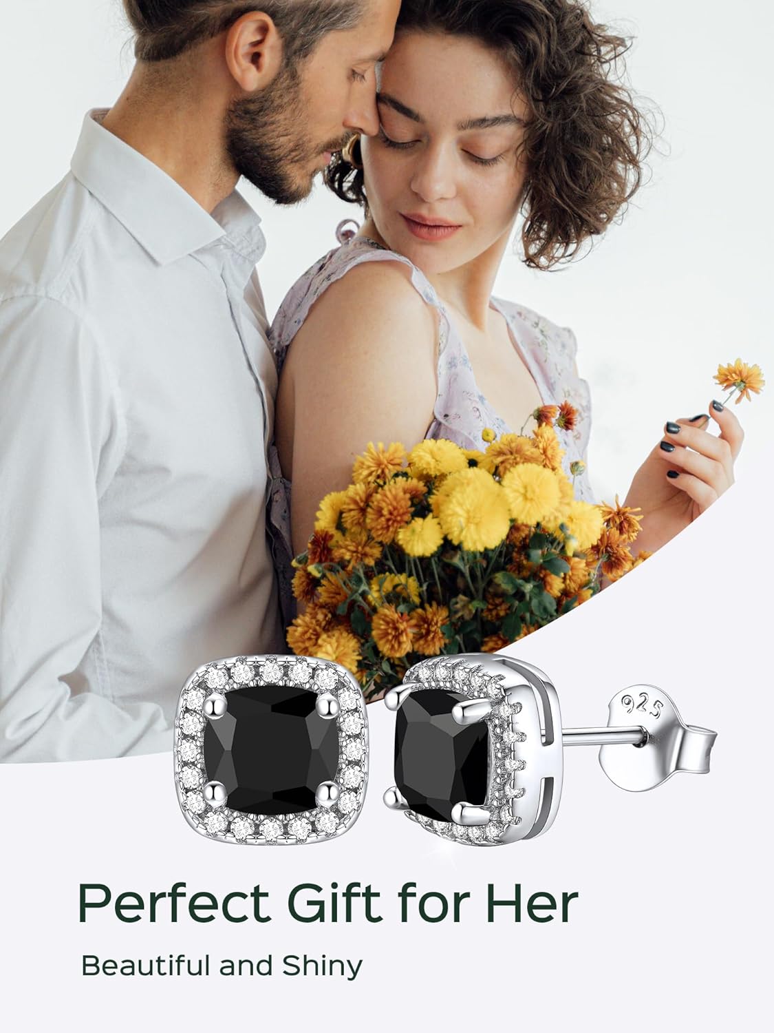 Black Square Sparkle Halo Birthstone Gemstone & Cubic Zirconia Stud Earrings, ChicSilver Jewelry gift Package, memorial gift