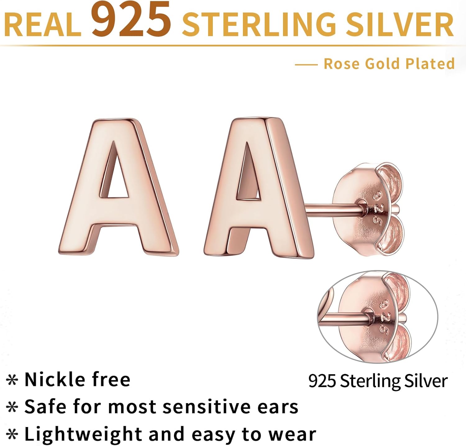 A-Rose Gold ChicSilver Hypoallergenic Initial Letter Earrings Studs, sterling silver jewlery, 925 sterling silver earrings, Initial Earrings, gift idea,  A to Z  jewelry