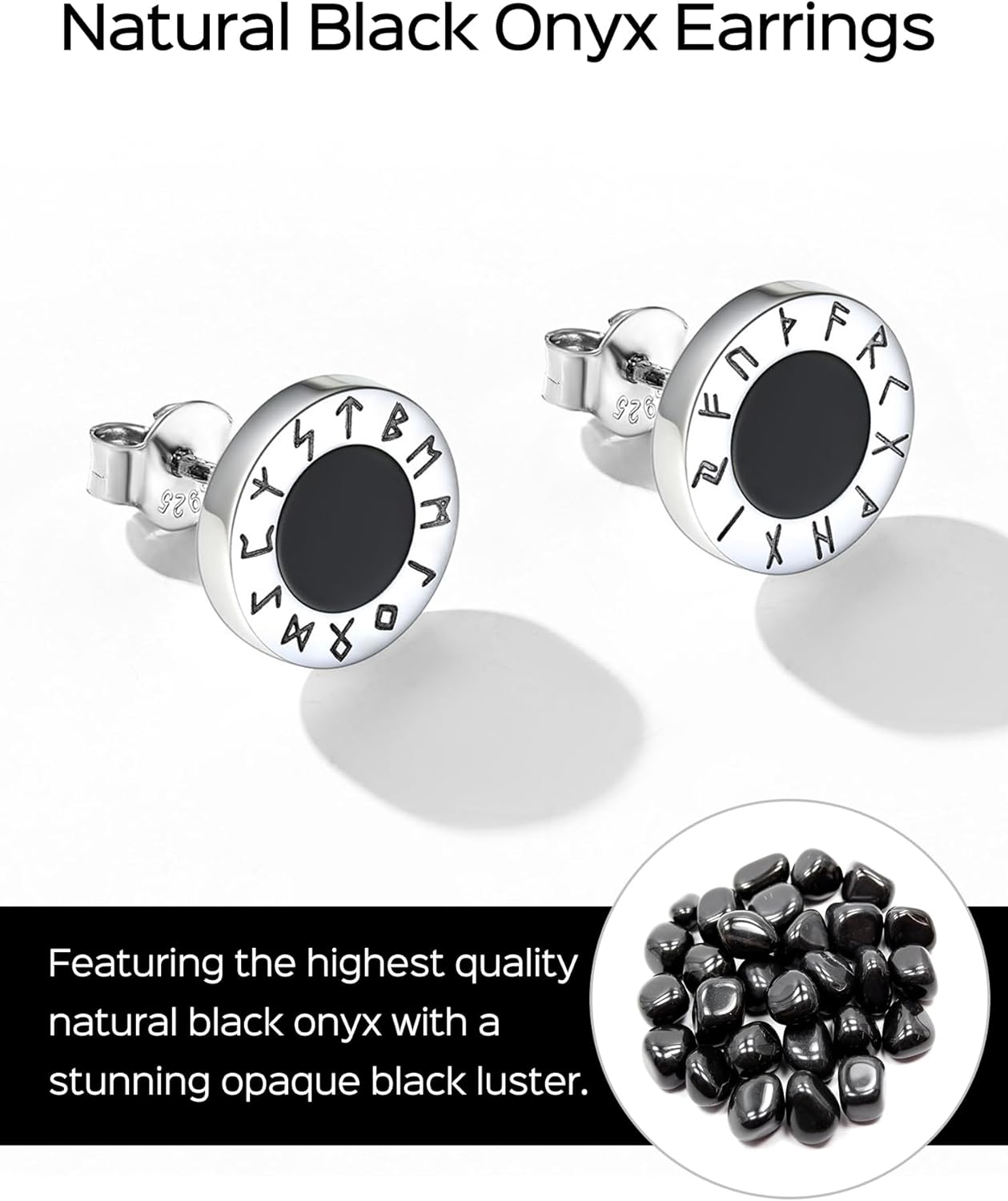Viking Front Rune Outer Ring Black Onyx Stud Earrings, Natural Black Onyx Earrings