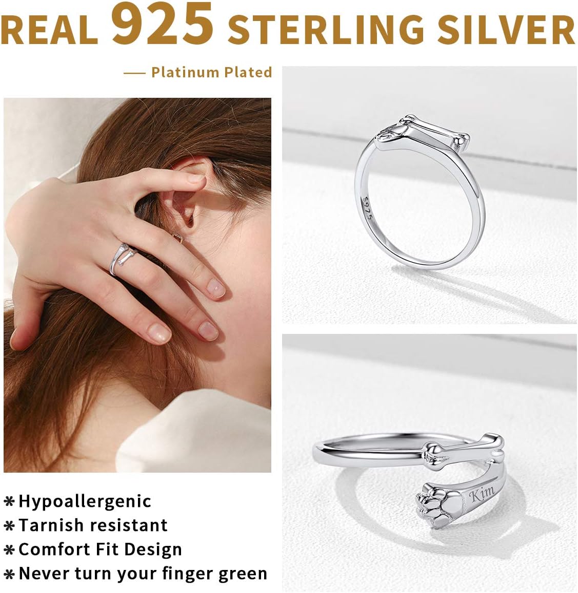 Sterling Silver Dog Paw Minimalist High Polish Tarnish Resistant  Adjustable Ring