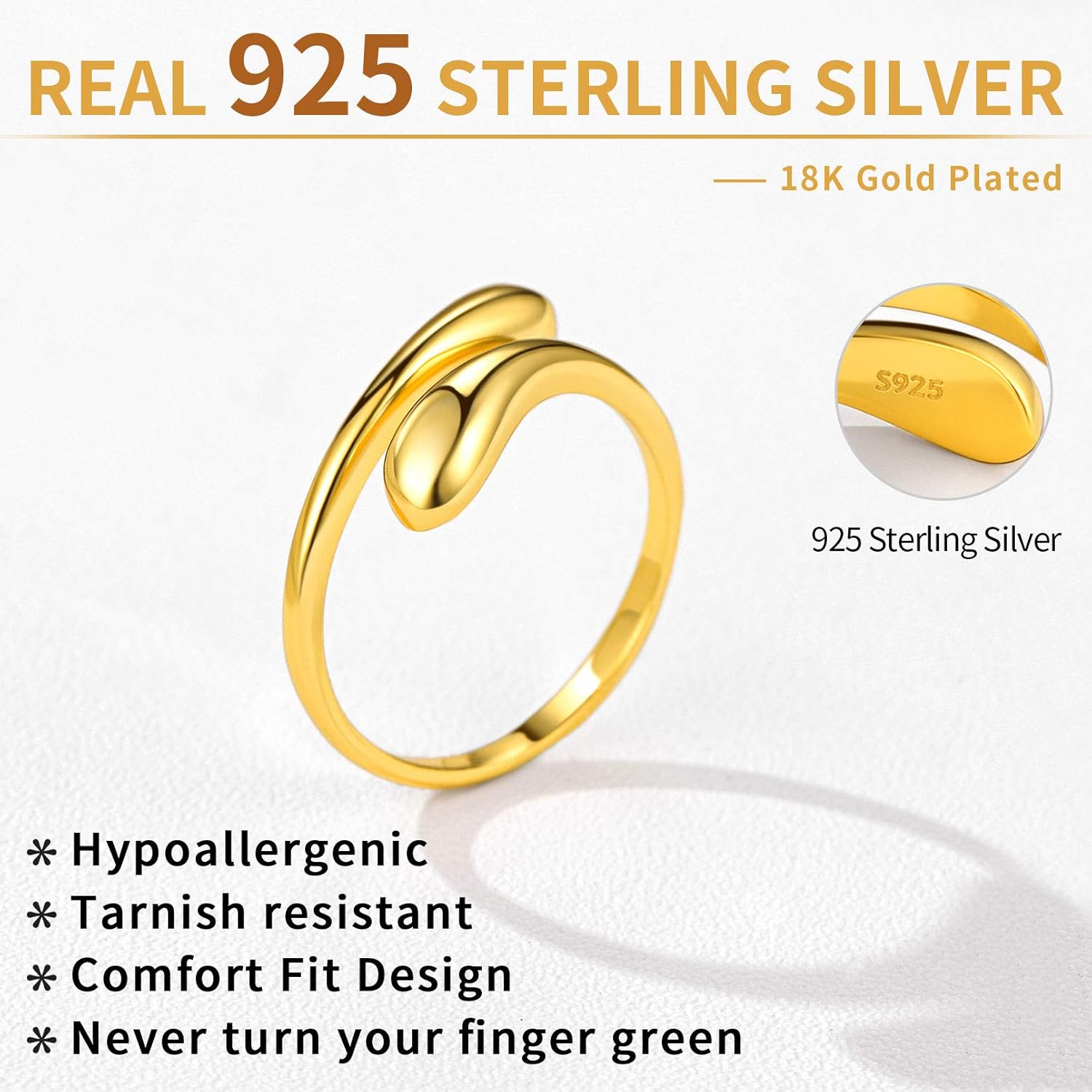 High Polish Minimalist Teardrop Open Adjustable Ring