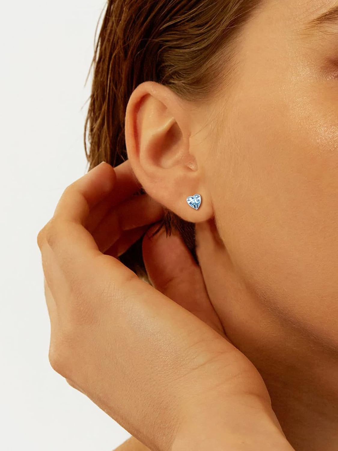 Sparkling Heart Cut Crystal March Aquamarine Birthstone Stud Earrings