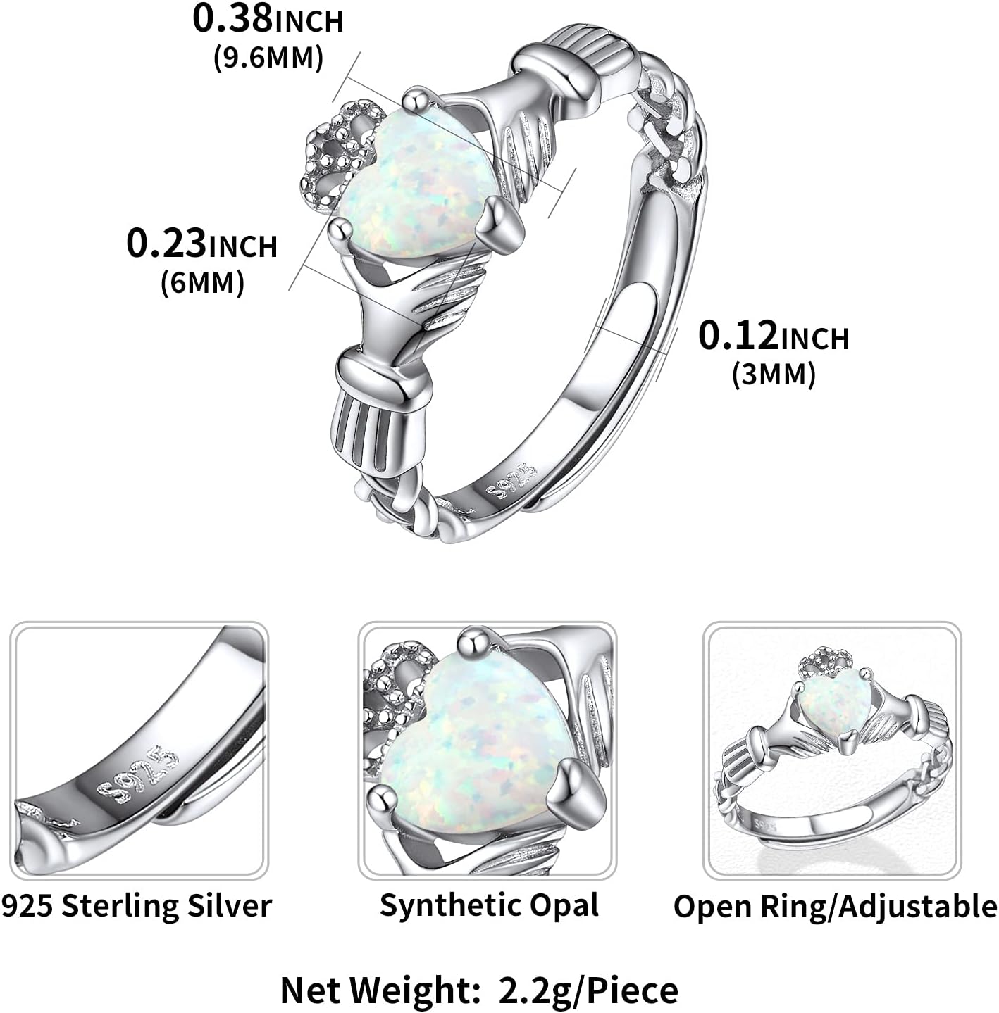 White Opal Claddagh Heart Shape Birthstone Promise Ring Details: Dimensions, Hypoallergenic, Adjustable size for 6~11