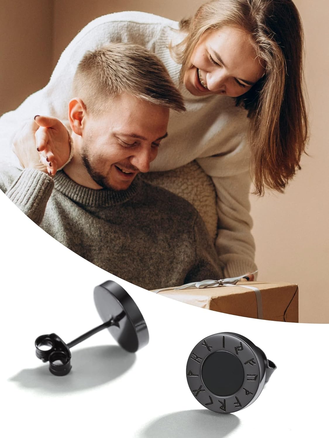 Viking Front Rune Outer Ring Black Onyx Stud Earrings for him