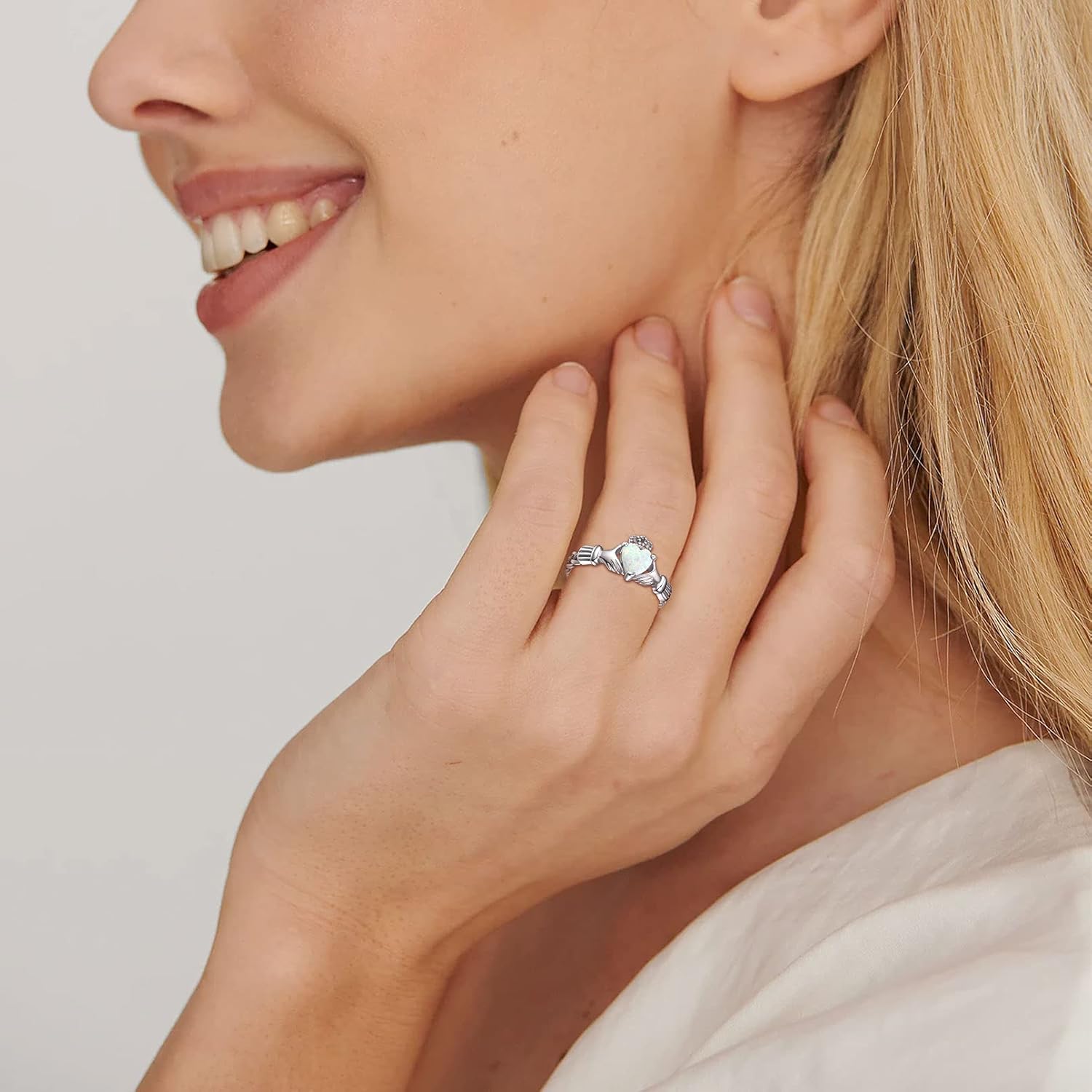 White Opal Claddagh Heart Shape Birthstone Promise Ring for Women