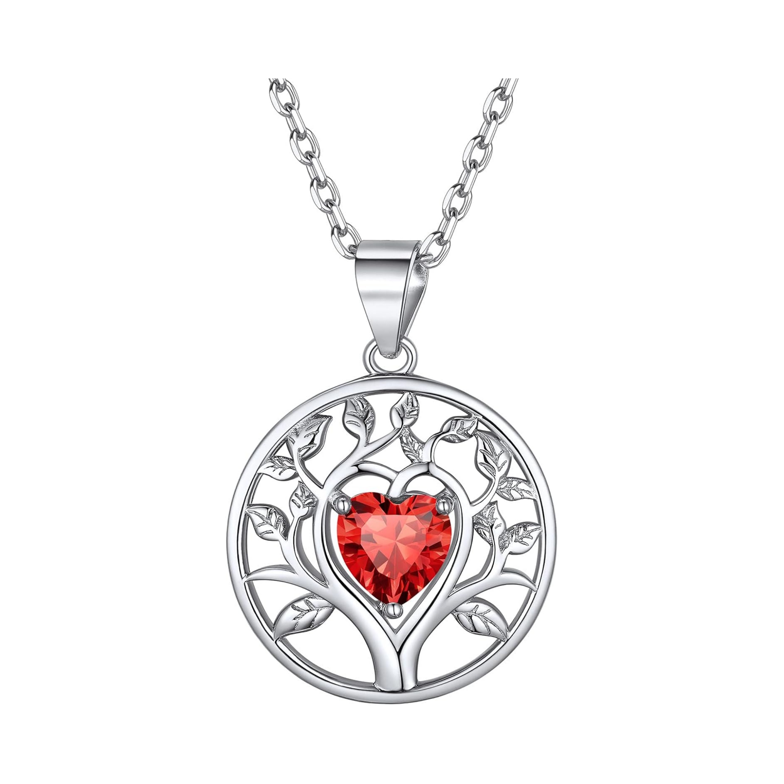 Tree of Life Pendant Necklace Embellished with Heart Shape Birthstone