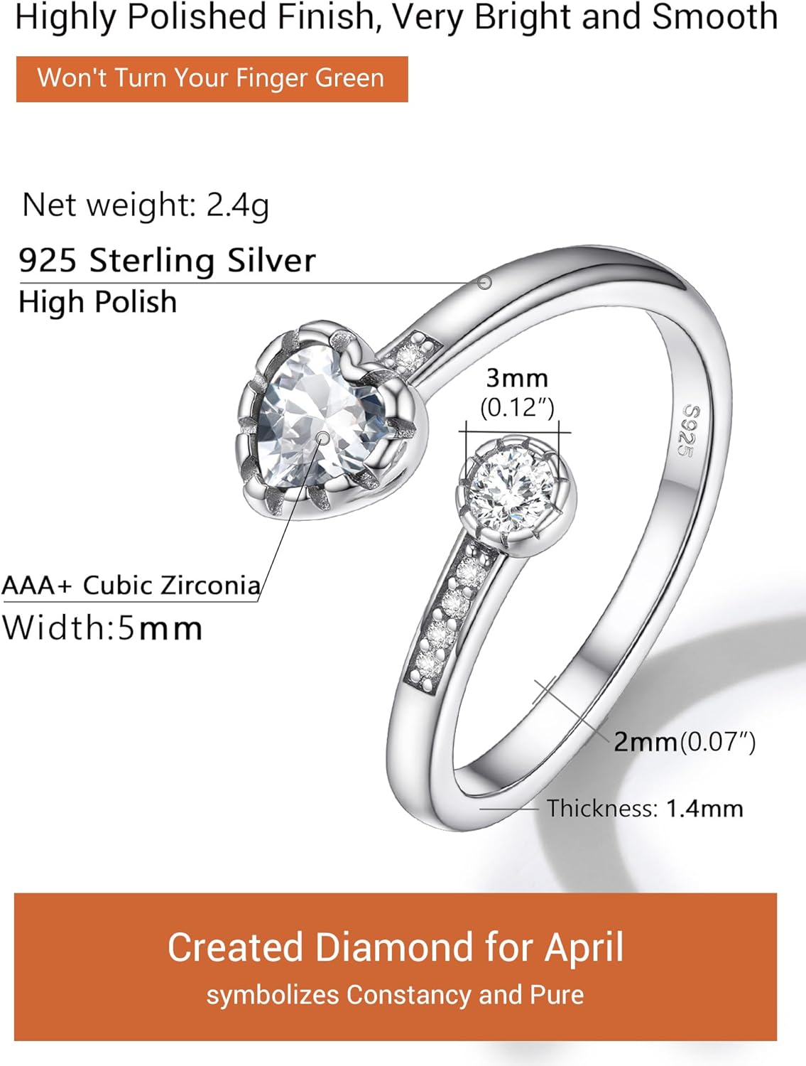 Heart Birthstone and White Cubic Zirconia Adjustable Ring Details: Dimensions, Hypoallergenic, Adjustable size for 6~11