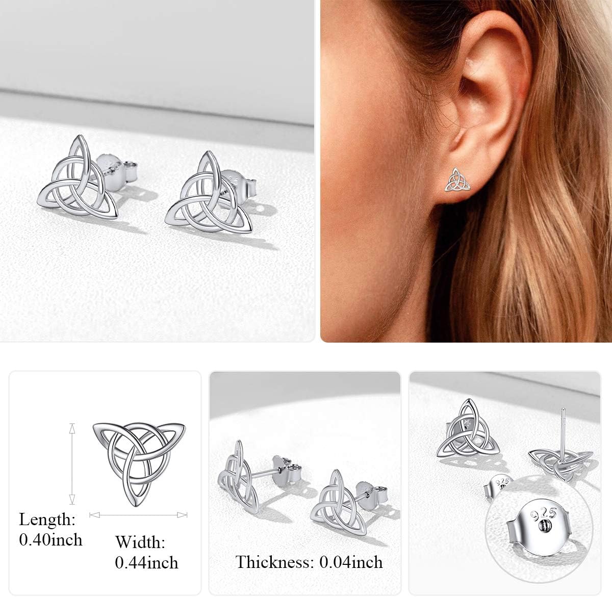 Vintage Triquetra Triangle Celtic Knot Studs Earrings Details: Dimensions, Hypoallergenic, Push Back Finding
