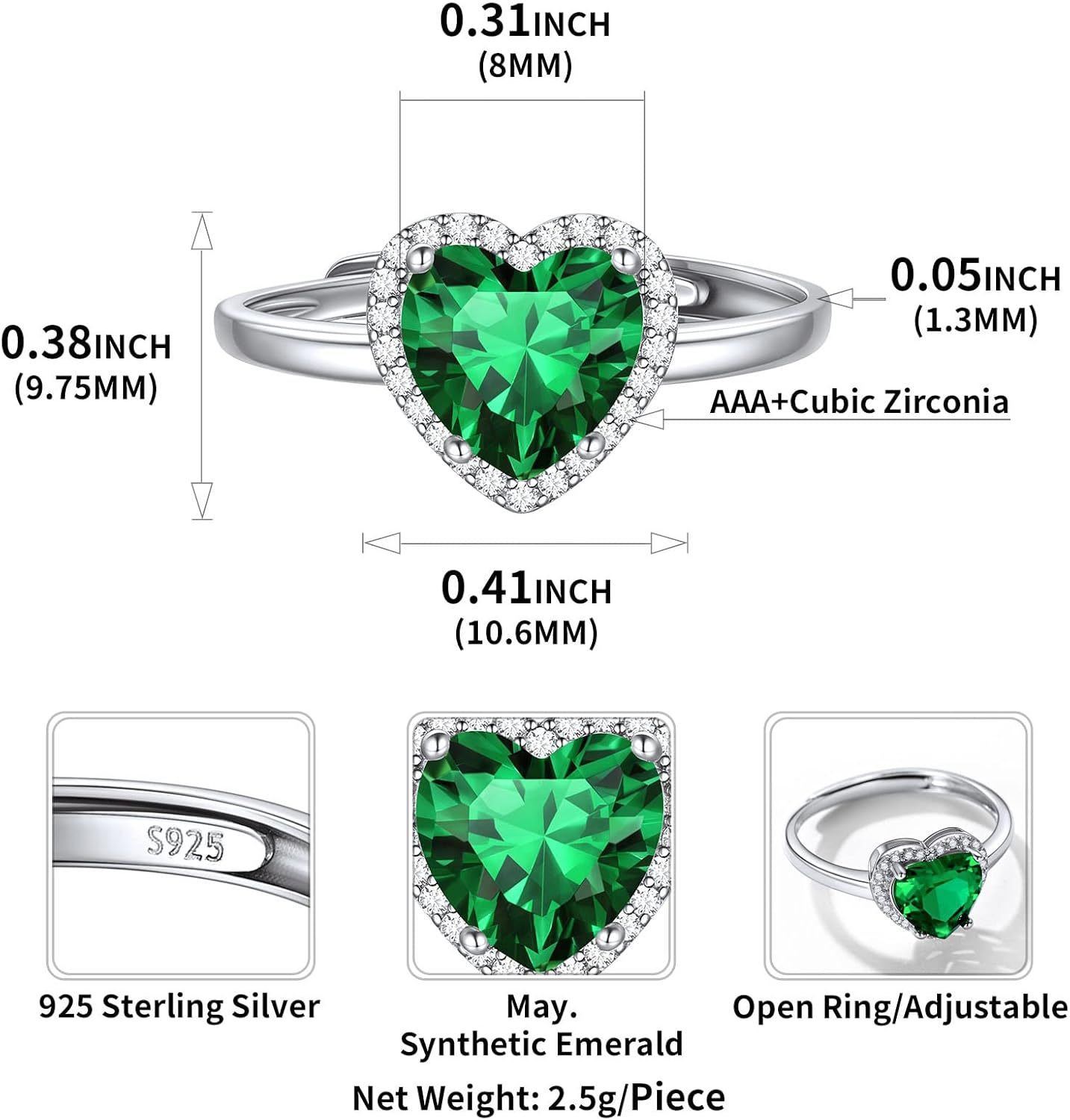 Heart Emerald Cut Birthstone Promise Ring Details: Dimensions, Hypoallergenic, Adjustable size for 6~11