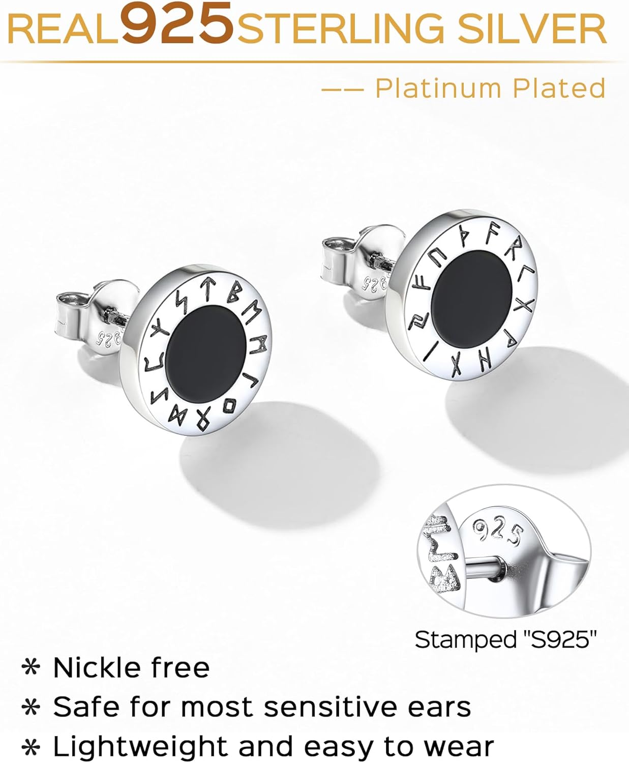 Sterling Silver Viking Front Rune Outer Ring Black Onyx Stud Earrings