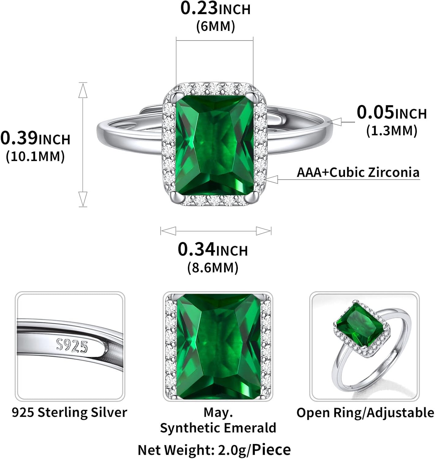 Square Emerald Cut Birthstone Promise Ring Details: Dimensions, Hypoallergenic, Adjustable size for 6~11