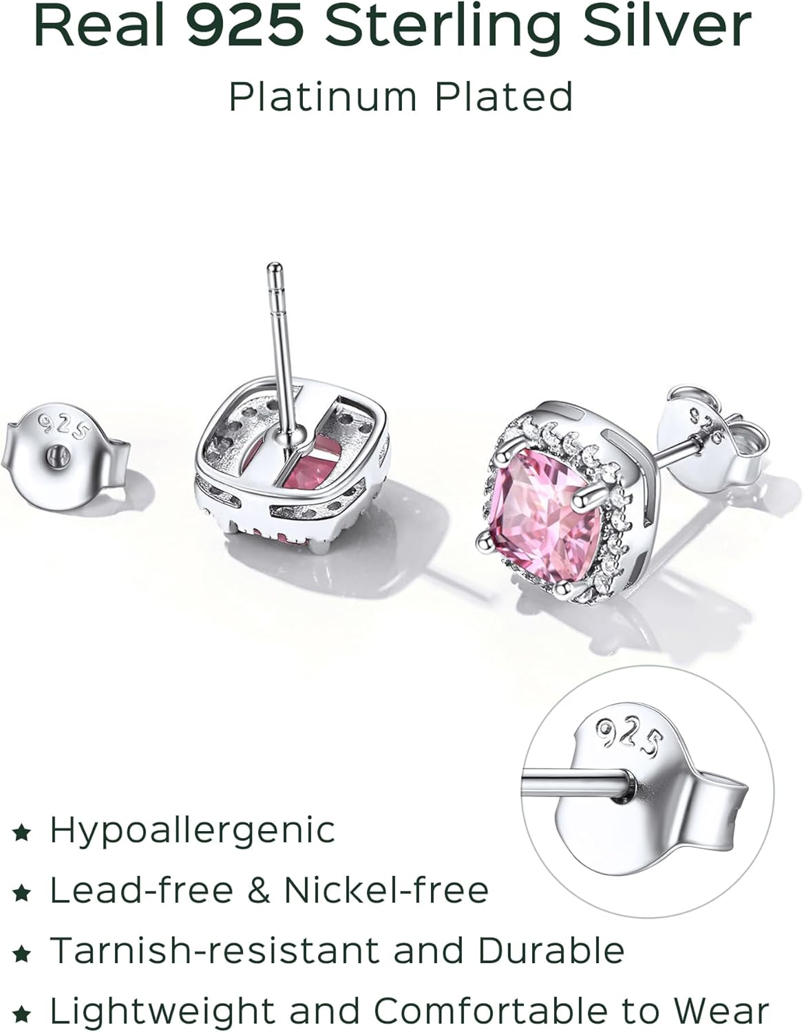 Sterling Silver Square Sparkle Halo Birthstone Gemstone & Cubic Zirconia Stud Earrings 